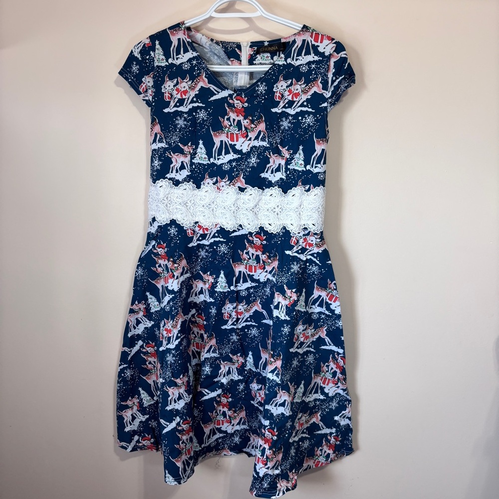 Youth 2XL 1950s Style Festive Blue Reindeer Holiday Christmas Dress Lace Detail
